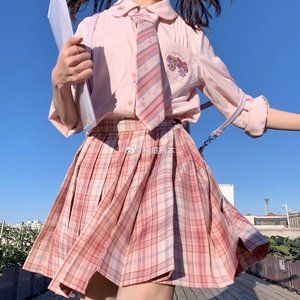 Cute Pink Plaid Pleated Skirt JK Japanese School Uniform Kawaii Girl